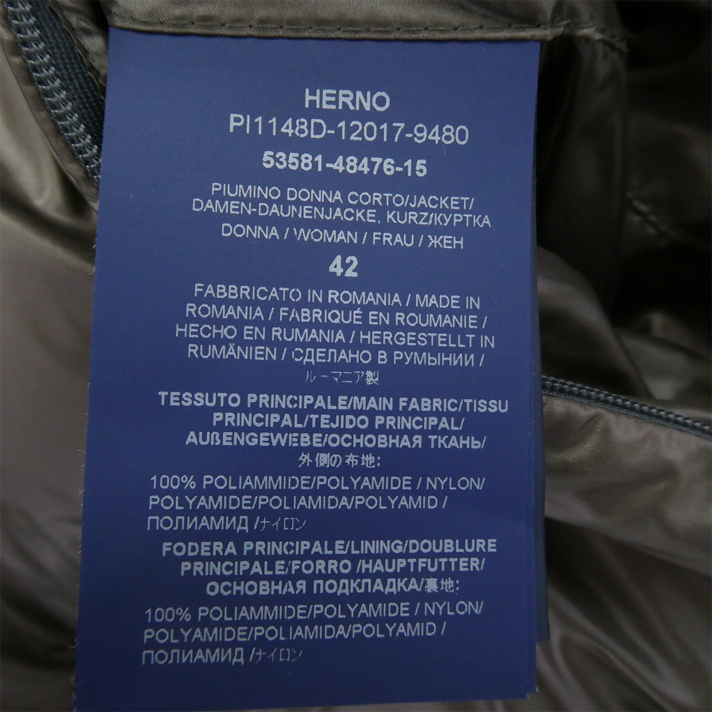 Herno ヘルノ PI1148D-12017-9480 グログランリボン フーデッド ダウン ジャケット グレー系 42【中古】
