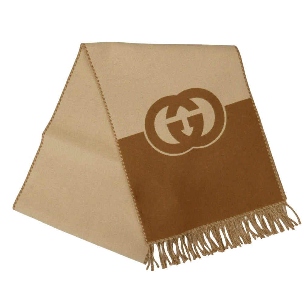 GUCCI グッチ 715497 3GB02 イタリア製 インターロッキング ウール カシミア スカーフ フリンジ マフラー ブラウン系 ベージュ系 33‐200cm【極上美品】【中古】
