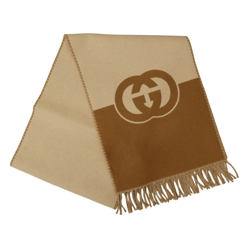 GUCCI グッチ 715497 3GB02 イタリア製 インターロッキング ウール カシミア スカーフ フリンジ マフラー ブラウン系 ベージュ系 33‐200cm【極上美品】【中古】