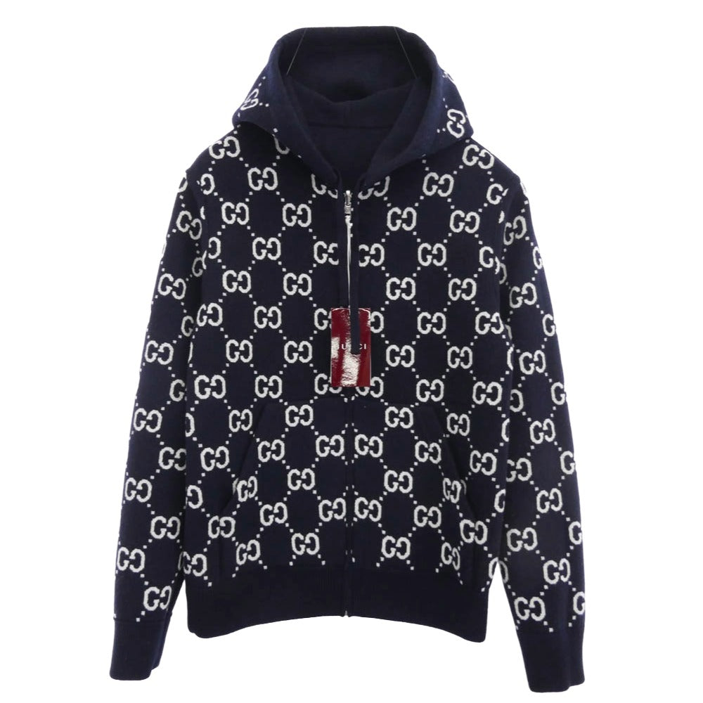 GUCCI グッチ 794935 XKD7E 2025年 Cruiseコレクション イタリア製 GGウール リバーシブル フーディ ジップ ジャケット ニットパーカー ネイビー系 XS(170/88A)【極上美品】【中古】
