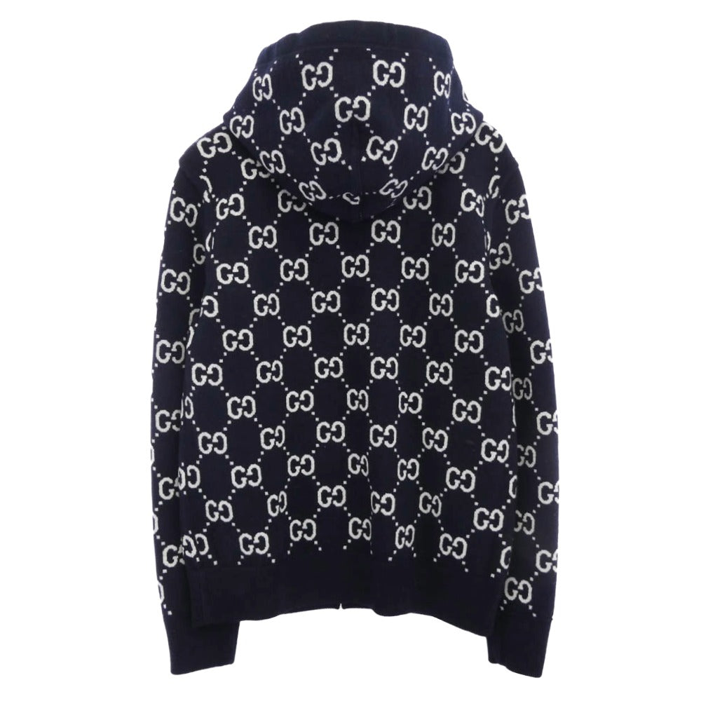 GUCCI グッチ 794935 XKD7E 2025年 Cruiseコレクション イタリア製 GGウール リバーシブル フーディ ジップ ジャケット ニットパーカー ネイビー系 XS(170/88A)【極上美品】【中古】