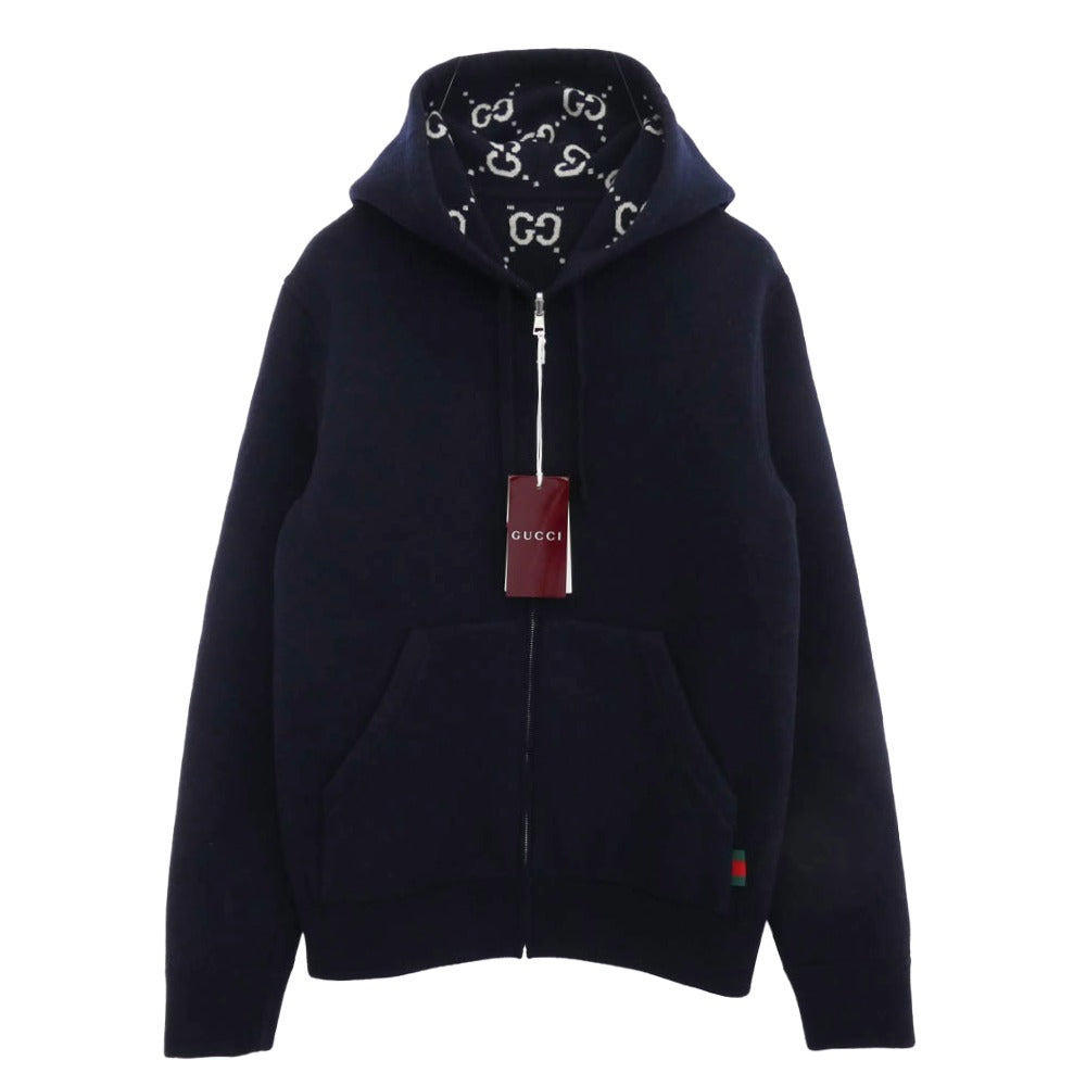 GUCCI グッチ 794935 XKD7E 2025年 Cruiseコレクション イタリア製 GGウール リバーシブル フーディ ジップ ジャケット ニットパーカー ネイビー系 XS(170/88A)【極上美品】【中古】