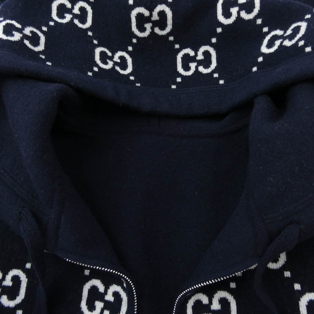 GUCCI グッチ 794935 XKD7E 2025年 Cruiseコレクション イタリア製 GGウール リバーシブル フーディ ジップ ジャケット ニットパーカー ネイビー系 XS(170/88A)【極上美品】【中古】
