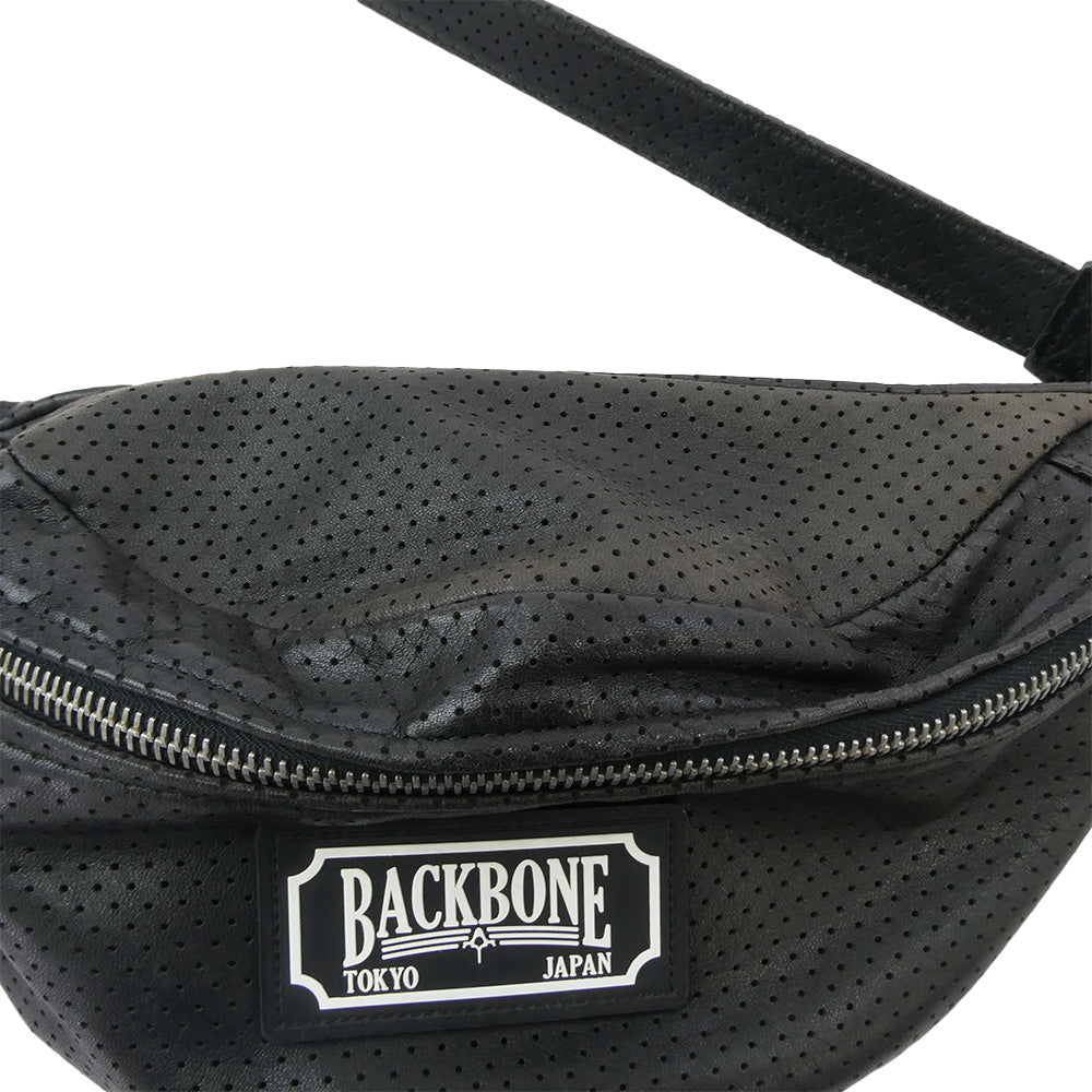 BACKBONE バックボーン ラバーロゴ レザーパンチング ボディバッグ ウエストバッグ ブラック系 F【中古】