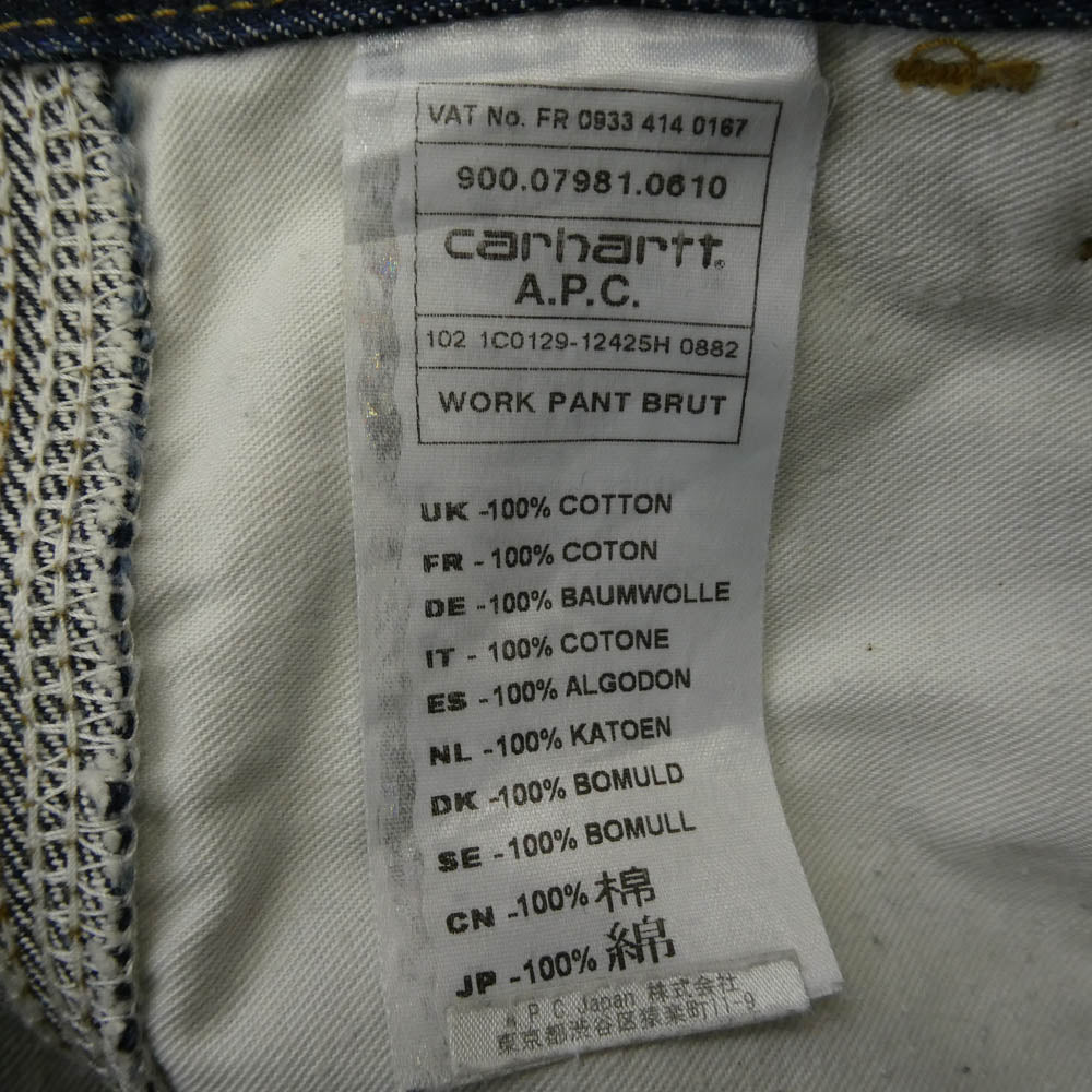 A.P.C. アーペーセー × Carhartt カーハートWORK PANT BRUT ワーク デニムパンツ ジーンズ インディゴブルー系 28【中古】