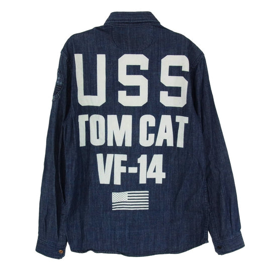 AVIREX アヴィレックス 6165142 TOMCAT バックプリント USN 刺繍ロゴ シャンブレー 長袖 シャツ インディゴブルー系 M【中古】
