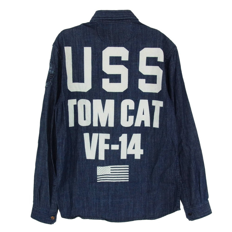 AVIREX アヴィレックス 6165142 TOMCAT バックプリント USN 刺繍ロゴ シャンブレー 長袖 シャツ インディゴブルー系 M【中古】