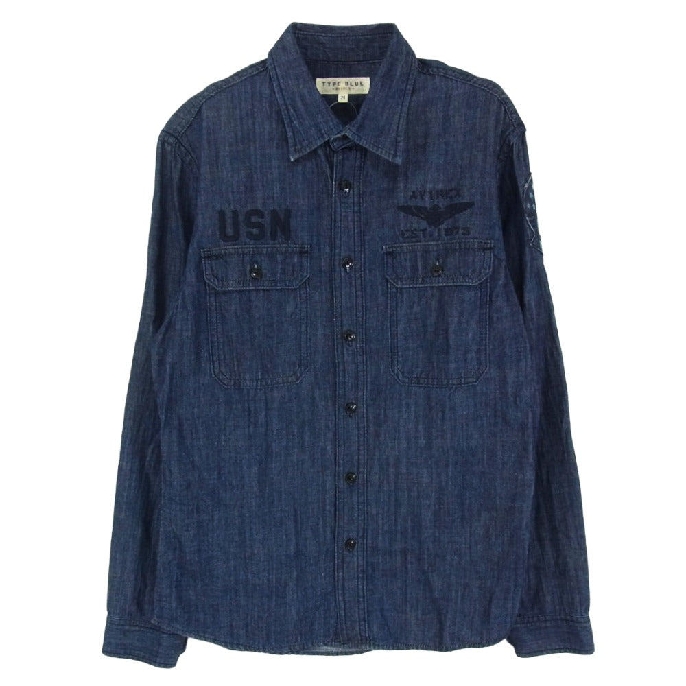 AVIREX アヴィレックス 6165142 TOMCAT バックプリント USN 刺繍ロゴ シャンブレー 長袖 シャツ インディゴブルー系 M【中古】
