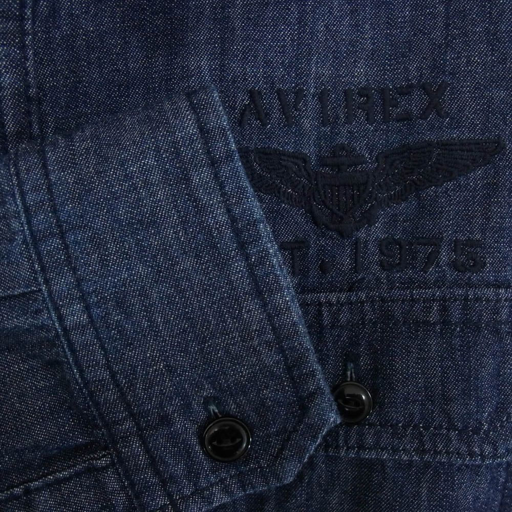 AVIREX アヴィレックス 6165142 TOMCAT バックプリント USN 刺繍ロゴ シャンブレー 長袖 シャツ インディゴブルー系 M【中古】