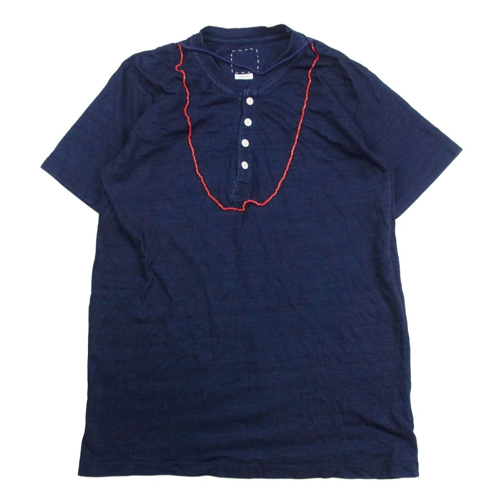 VISVIM ビズビム 18AW 0118305010007 INDIGO BEADS TEE HENLEY S/S ビーズ装飾 ヘンリーネック 半袖 カットソー Tシャツ インディゴブルー系 3【中古】