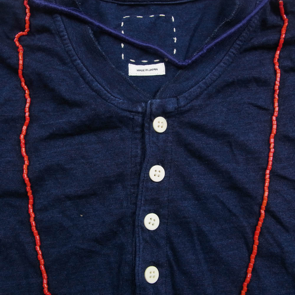 VISVIM ビズビム 18AW 0118305010007 INDIGO BEADS TEE HENLEY S/S ビーズ装飾 ヘンリーネック 半袖 カットソー Tシャツ インディゴブルー系 3【中古】