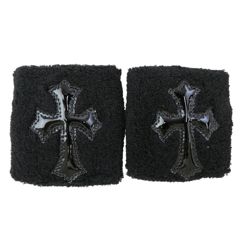 CHROME HEARTS クロムハーツ（原本無） SWEATBAND WRIST パテントレザー クロスパッチ パイル リストバンド 2個セット ブラック系 7cm【中古】