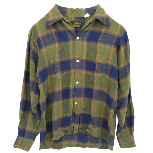 シアーズ 70s レーヨン オープンカラー チェック 長袖シャツ グリーン系 M【中古】