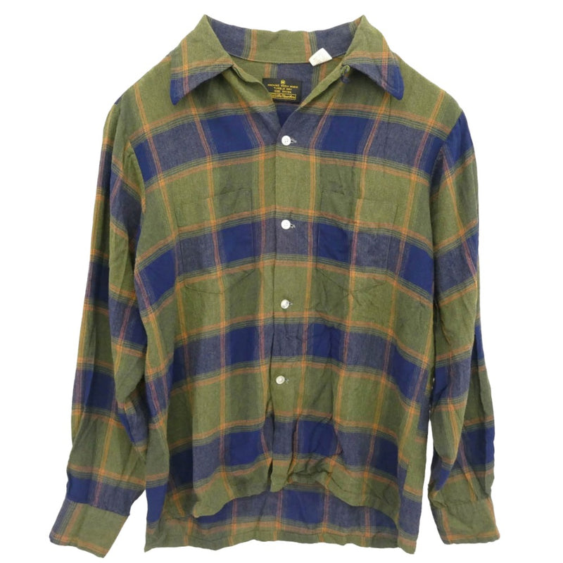シアーズ 70s レーヨン オープンカラー チェック 長袖シャツ グリーン系 M【中古】