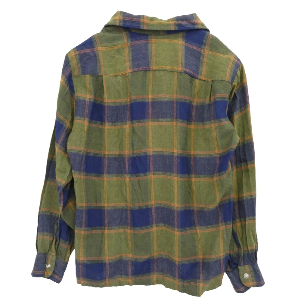 シアーズ 70s レーヨン オープンカラー チェック 長袖シャツ グリーン系 M【中古】
