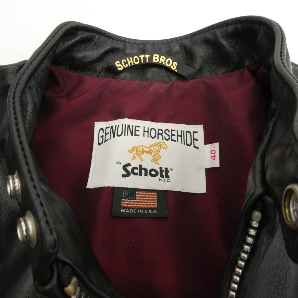 schott ショット 7417 USA製 641XXH HORSEHIDE CAFE RACER ホースハイド カフェレーサー シングルライダース レザージャケット ブラック系 40【中古】