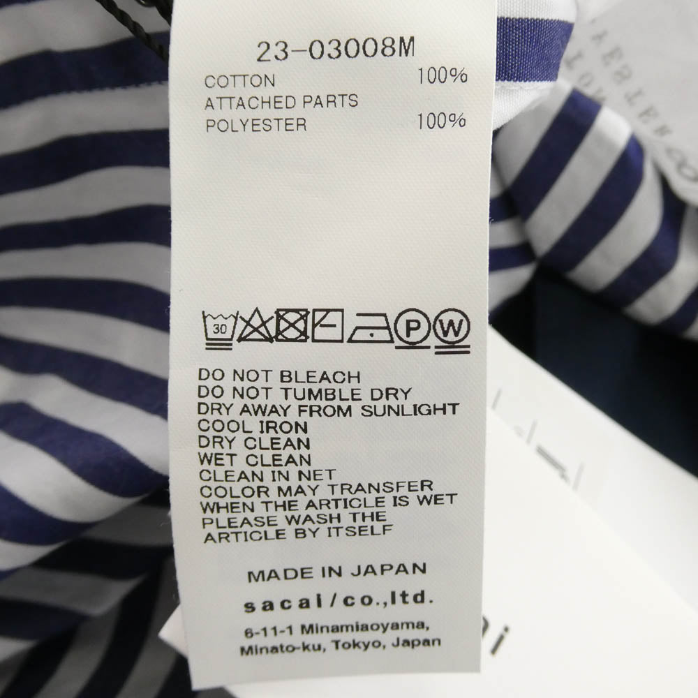 Sacai サカイ 23SS 23-03008M コットンポプリン ストライプ フロントジップ 長袖 シャツ ブルー系 3【中古】
