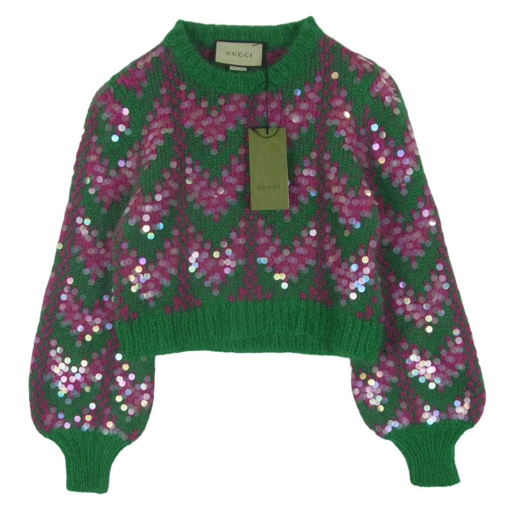 GUCCI グッチ 713233 XKCMS イタリア製 シェブロン ウール＆スパンコール ニット セーター グリーン系 ピンク系 XS【極上美品】【中古】