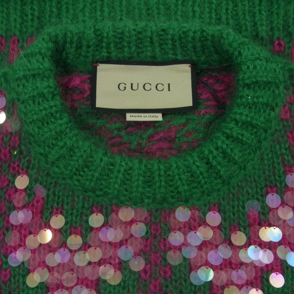 GUCCI グッチ 713233 XKCMS イタリア製 シェブロン ウール＆スパンコール ニット セーター グリーン系 ピンク系 XS【極上美品】【中古】