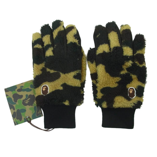A BATHING APE アベイシングエイプ 1E801823023 1ST CAMO BOA GLOVES ファースト カモ ボア グローブ 猿ワッペン付 手袋 ブラック系 ブラウン系 M【新古品】【未使用】【中古】