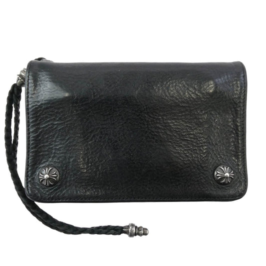 CHROME HEARTS クロムハーツ（原本無） 2ZIP STRAP レザーコードストラップ付 クロスボール 2ジップ レザー ウォレット 財布 ブラック系【中古】