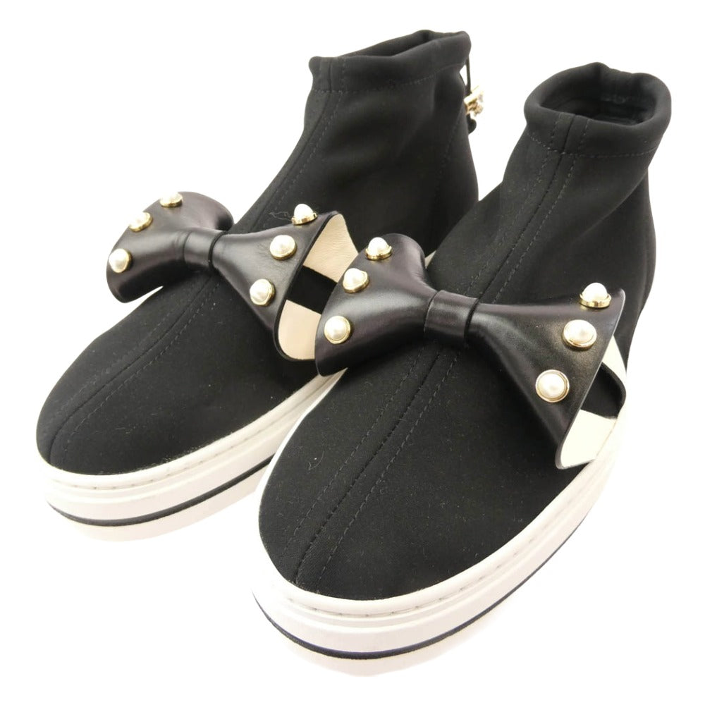 リボン パール ソックス スニーカー ブラック系 34.5【美品】【中古】