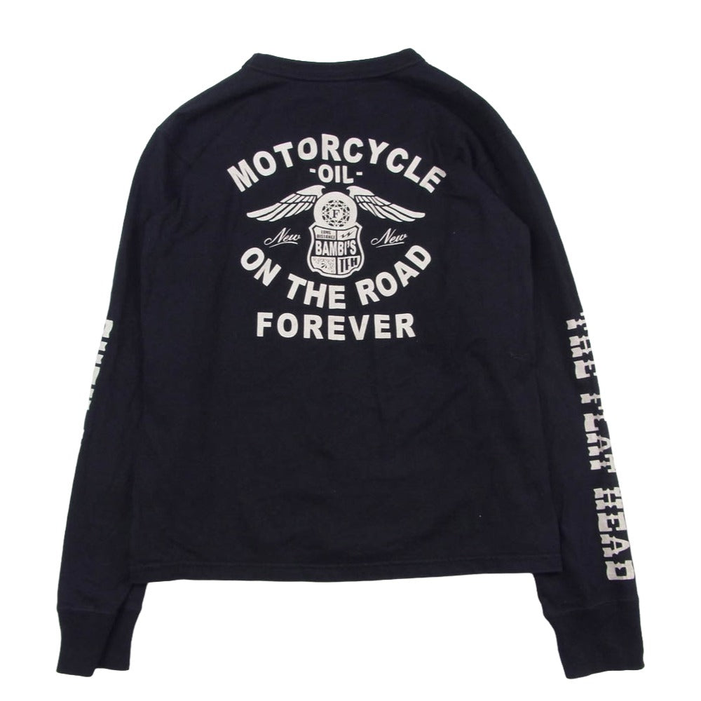 THE FLAT HEAD ザフラットヘッド MOTORCYCLE モーターサイクル BAMBIS OIL バックロゴ ロゴアームプリント 長袖 Tシャツ ダークネイビー系 38【中古】