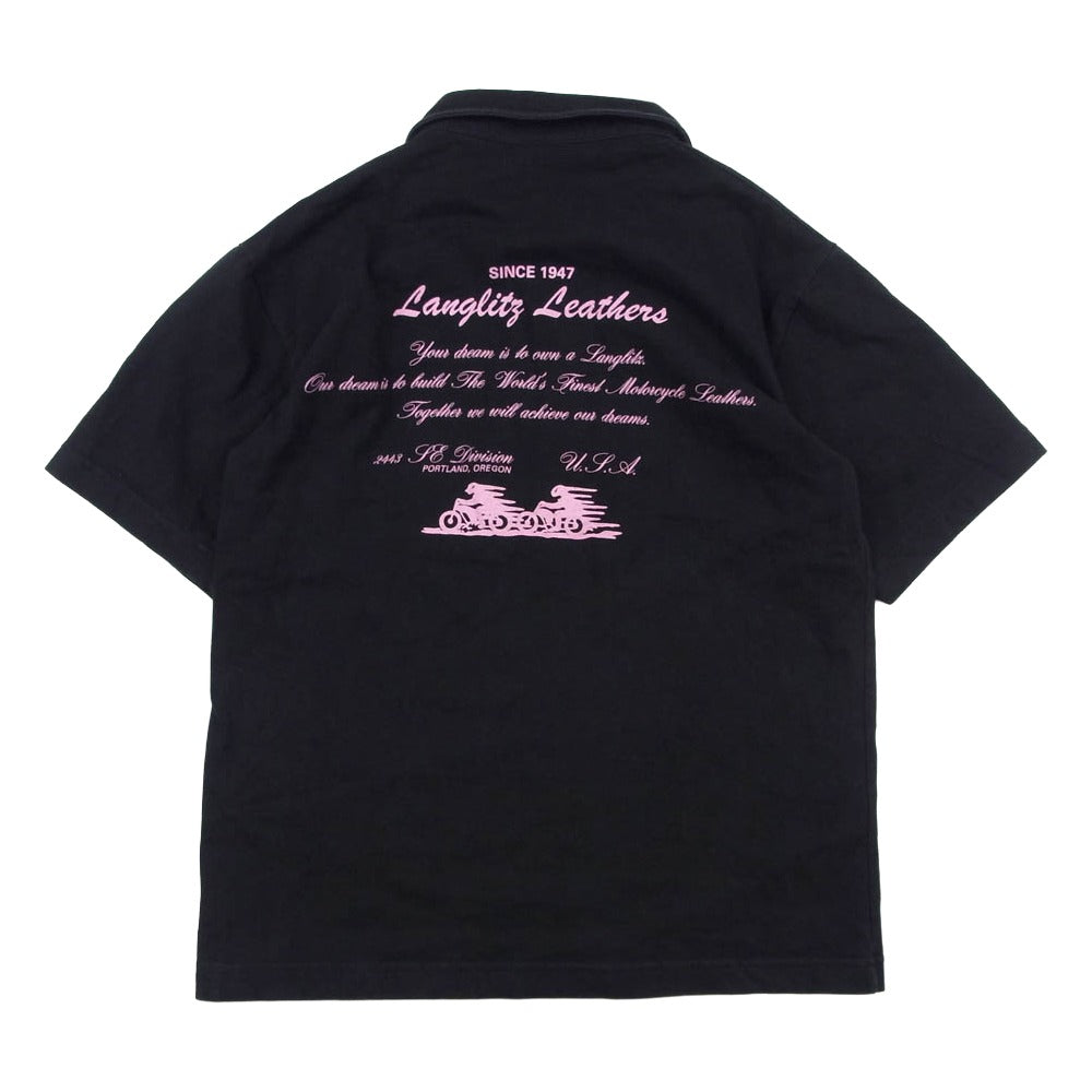 LANGLITZ LEATHERS ラングリッツレザーズ USA製 ロゴプリント 半袖 ポロシャツ ブラック系 S【中古】
