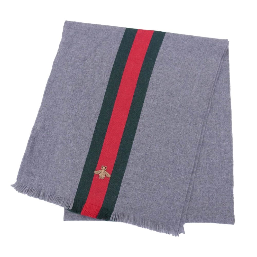 GUCCI グッチ 475513 カシミヤシルク混 ビー ハチ刺繍 マフラー ストール グレー系 37×180cm【中古】