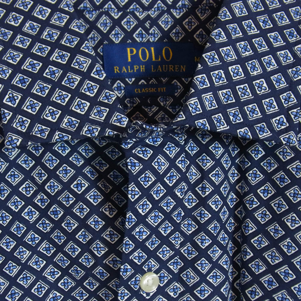 POLO RALPH LAUREN ポロ・ラルフローレン CLASSIC FIT 小紋柄 幾何学柄 ワイドカラー シャツ ネイビー系 M【中古】