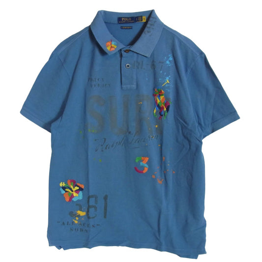 POLO RALPH LAUREN ポロ・ラルフローレン CUSTOM SLIM FIT ヴィンテージ加工 トロピカル ポニー刺繍 ポロシャツ ブルー系 L【中古】