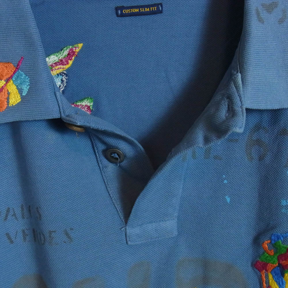 POLO RALPH LAUREN ポロ・ラルフローレン CUSTOM SLIM FIT ヴィンテージ加工 トロピカル ポニー刺繍 ポロシャツ ブルー系 L【中古】