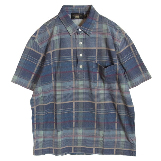 RRL ダブルアールエル 加工 チェックプリント リネン コットン カットソー 半袖 ポロシャツ ブルー系 L【中古】