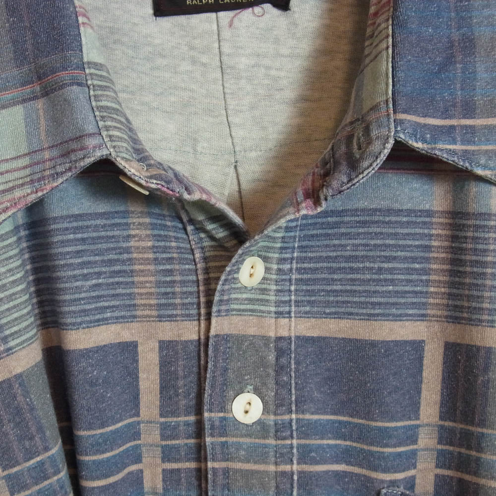 RRL ダブルアールエル 加工 チェックプリント リネン コットン カットソー 半袖 ポロシャツ ブルー系 L【中古】