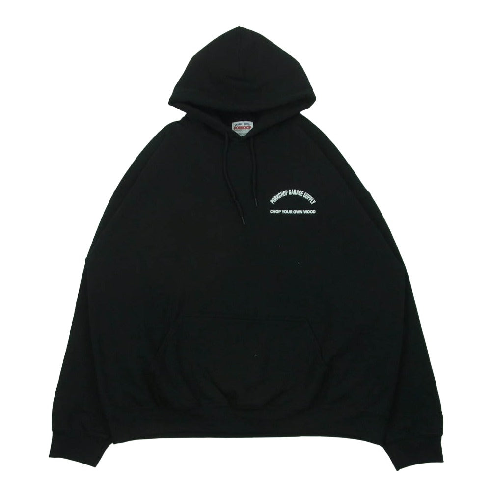 PORKCHOP ポークチョップ ARCH LOGO HOODIE バックプリント プルオーバー フーディー パーカー ブラック系 L【中古】