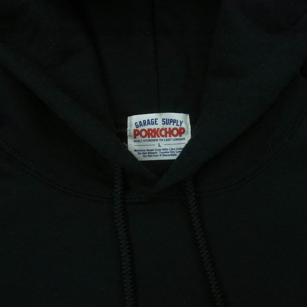 PORKCHOP ポークチョップ ARCH LOGO HOODIE バックプリント プルオーバー フーディー パーカー ブラック系 L【中古】