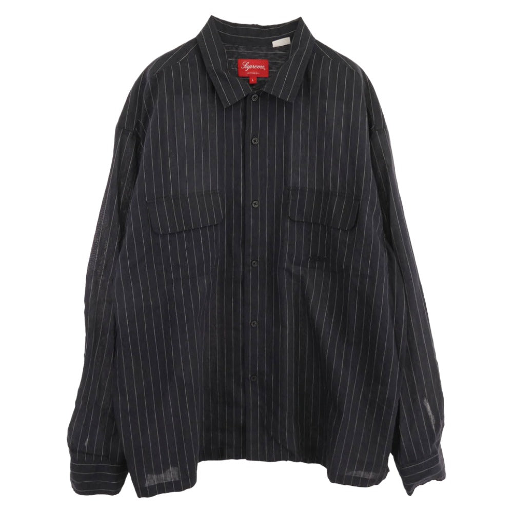 Supreme シュプリーム 23SS Pinstripe Linen Shirt ピンストライプ リネン 長袖シャツ ネイビー系 L【中古】