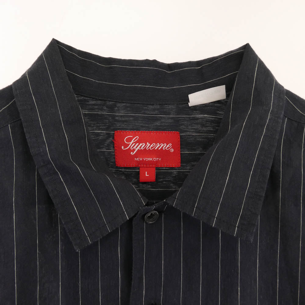 Supreme シュプリーム 23SS Pinstripe Linen Shirt ピンストライプ リネン 長袖シャツ ネイビー系 L【中古】