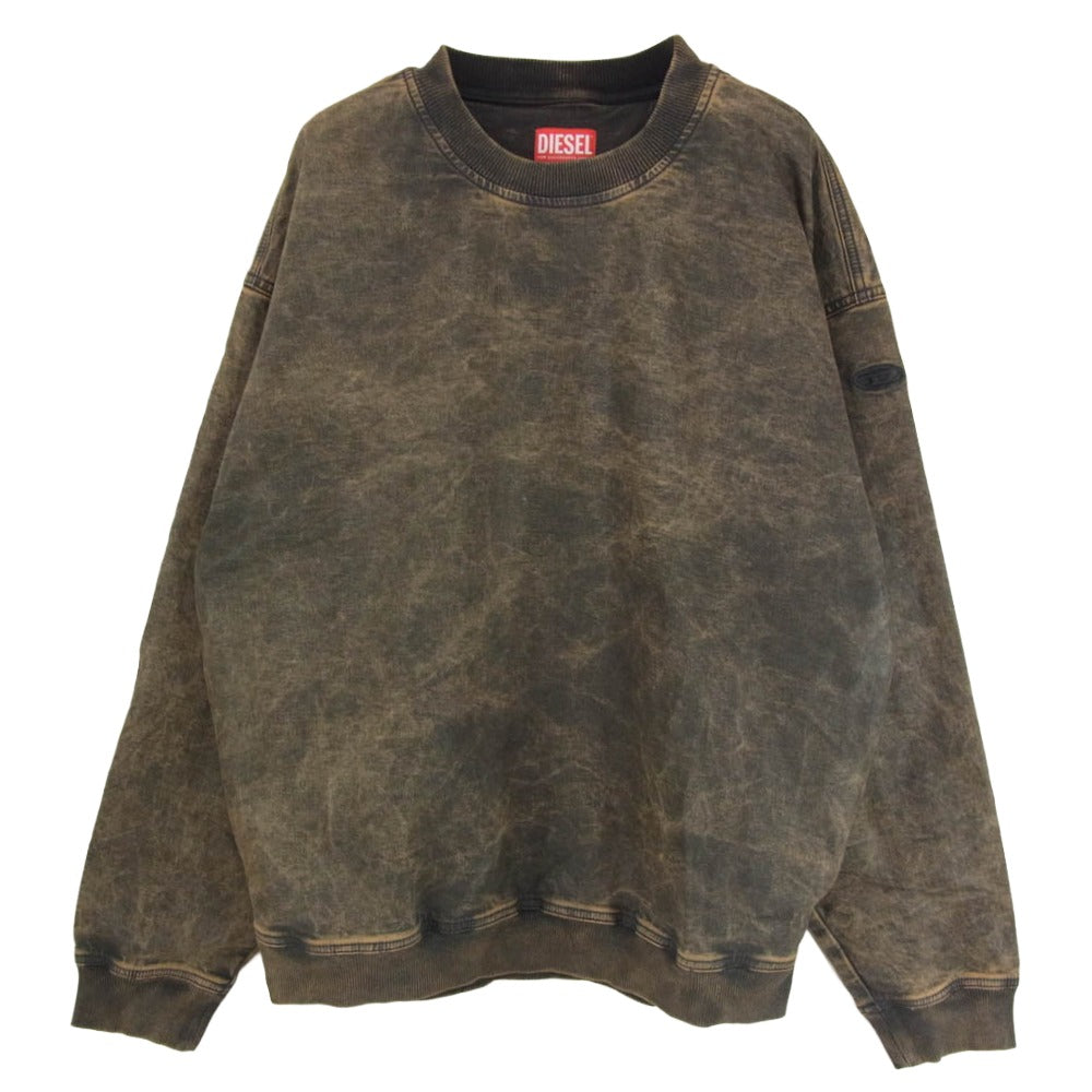DIESEL ディーゼル D-KRIB-S TRACK マーブル加工 トラックデニム クルーネック スウェット プルオーバー ブラウン系 L【中古】