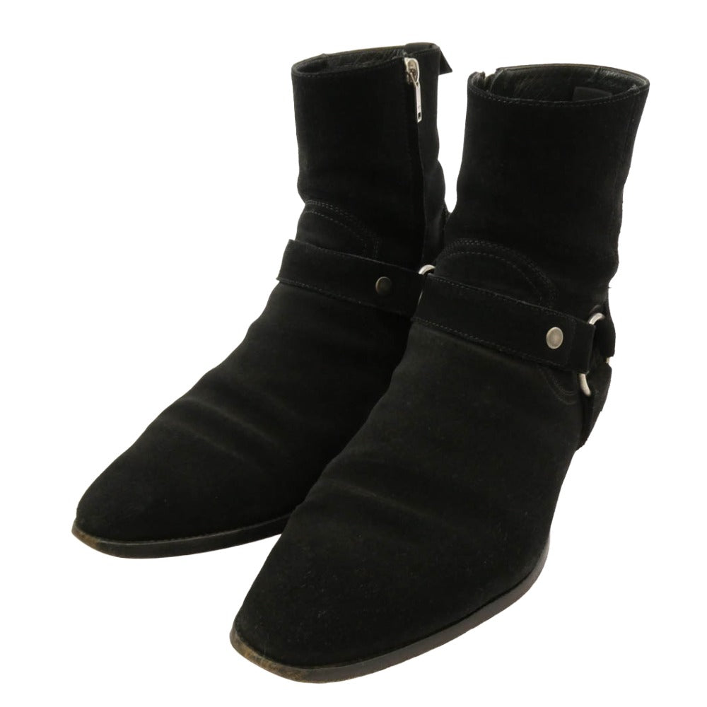SAINT LAURENT サンローラン 443190 ワイアット ハーネス リング サイドジップ スエード ブーツ ブラック系 43【中古】