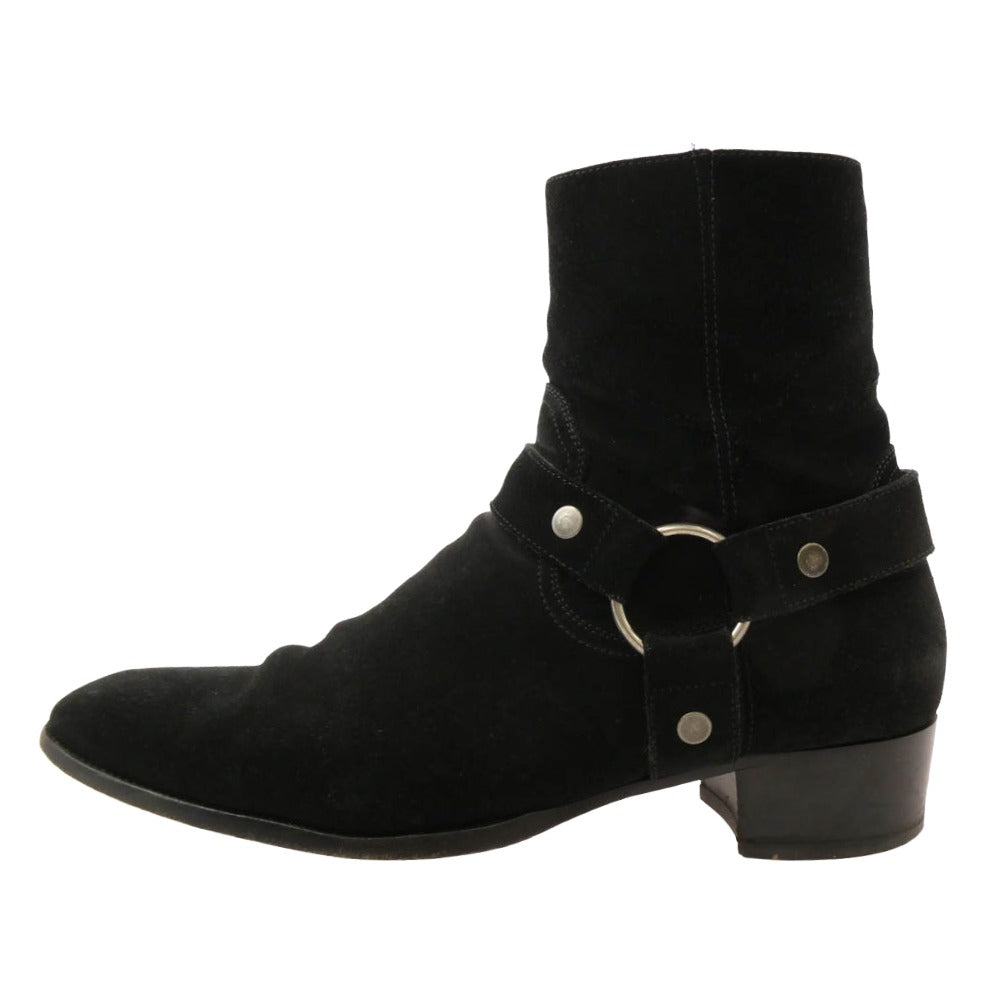 SAINT LAURENT サンローラン 443190 ワイアット ハーネス リング サイドジップ スエード ブーツ ブラック系 43【中古】