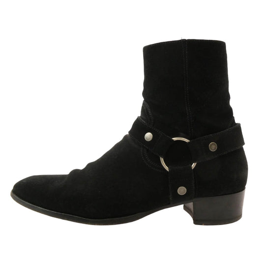 SAINT LAURENT サンローラン 443190 ワイアット ハーネス リング サイドジップ スエード ブーツ ブラック系 43【中古】