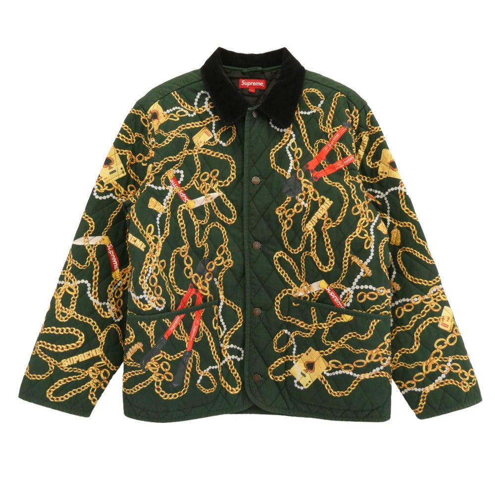 Supreme シュプリーム 20AW Chains Quilted Jacket チェーンプリント キルティング ジャケット グリーン系 イエロー系 L【中古】