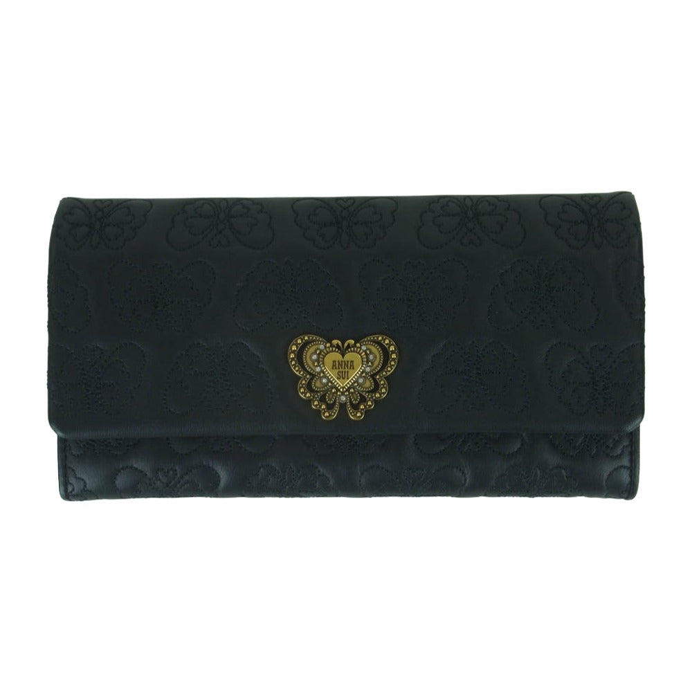 ANNA SUI アナスイ 317100-10 チェイス バタフライ ステッチ ロング ウォレット 長財布 ブラック系【極上美品】【中古】