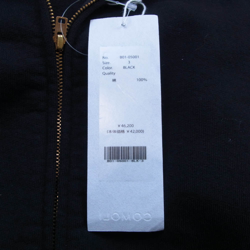 COMOLI コモリ 25SS B01-05001 コットン裏毛ジップパーカー ブラック系 3【中古】