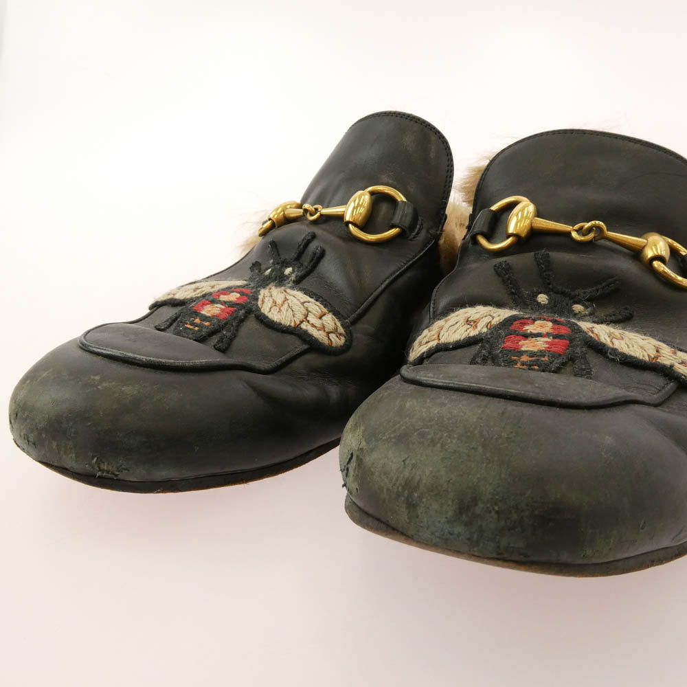 GUCCI グッチ エンブロイダリー ホースビット プリンスタウン レザー サンダル ブラック系【中古】
