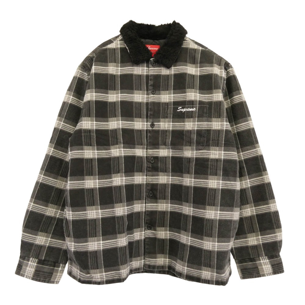 Supreme シュプリーム 21AW Faux Fur Collar Flannel Shirt フェイクファー カラー フランネル シャツ 裏地キルティング ロゴ刺繍 ブラック系 グレー系 L【中古】