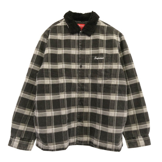 Supreme シュプリーム 21AW Faux Fur Collar Flannel Shirt フェイクファー カラー フランネル シャツ 裏地キルティング ロゴ刺繍 ブラック系 グレー系 L【中古】