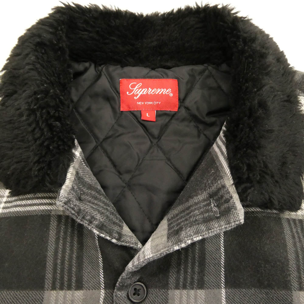 Supreme シュプリーム 21AW Faux Fur Collar Flannel Shirt フェイクファー カラー フランネル シャツ 裏地キルティング ロゴ刺繍 ブラック系 グレー系 L【中古】