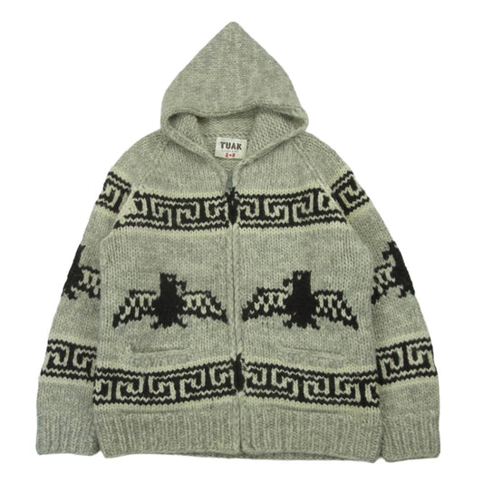 トゥアック カナダ製 カウチン ニット セーター フード付き ジップアップ カーディガン パーカー グレー系 ダークブラウン系 サイズ表記なし【中古】